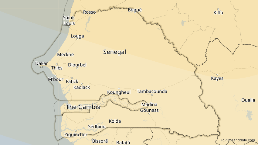 A map of Senegal, showing the path of the Aug 12, 2026 Total Solar Eclipse