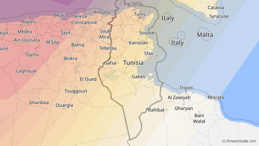 A map of Tunisia, showing the path of the Aug 12, 2026 Total Solar Eclipse