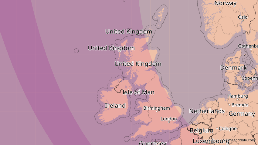 A map of United Kingdom, showing the path of the Aug 12, 2026 Total Solar Eclipse