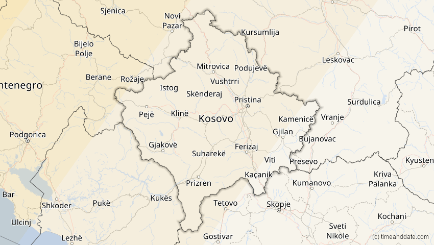 A map of Kosovo, showing the path of the 12. Aug 2026 Totale Sonnenfinsternis