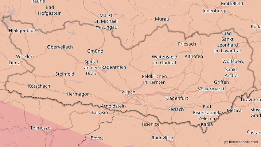 A map of Kärnten, Österreich, showing the path of the 12. Aug 2026 Totale Sonnenfinsternis