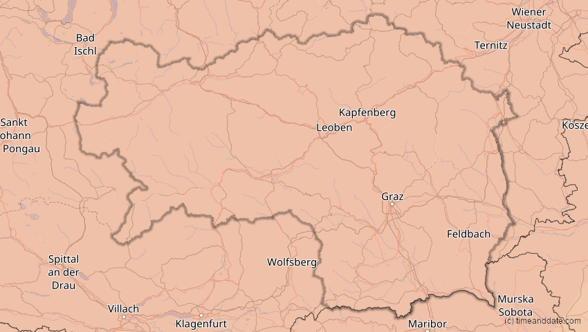 A map of Styria, Austria, showing the path of the Aug 12, 2026 Total Solar Eclipse