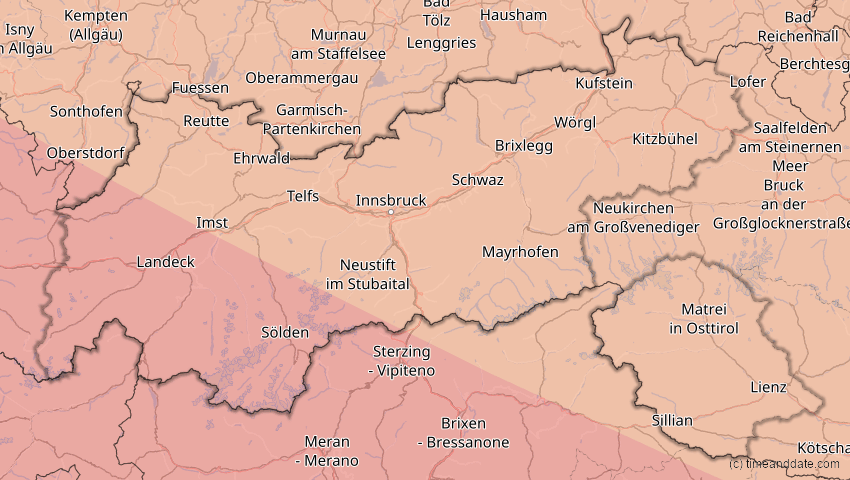 A map of Tirol, Österreich, showing the path of the 12. Aug 2026 Totale Sonnenfinsternis