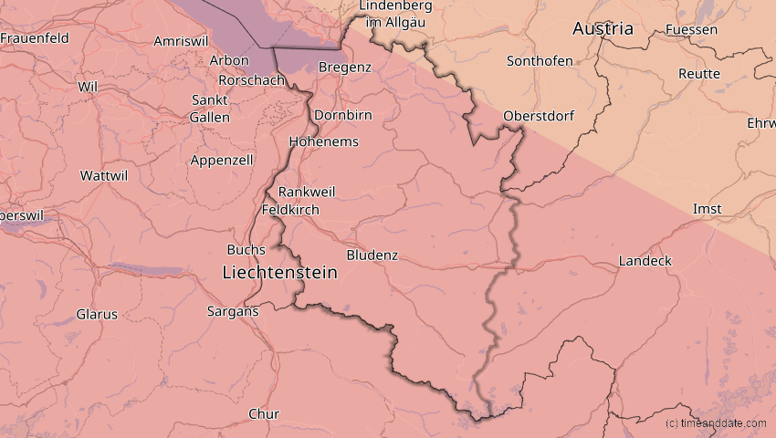 A map of Vorarlberg, Austria, showing the path of the Aug 12, 2026 Total Solar Eclipse