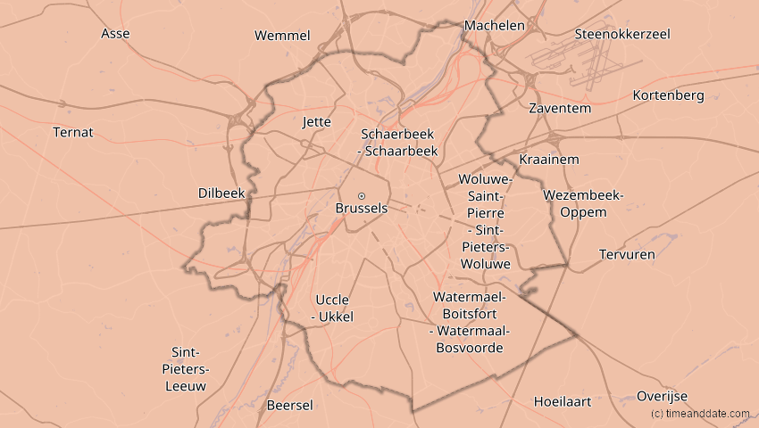 A map of Brüssel, Belgien, showing the path of the 12. Aug 2026 Totale Sonnenfinsternis