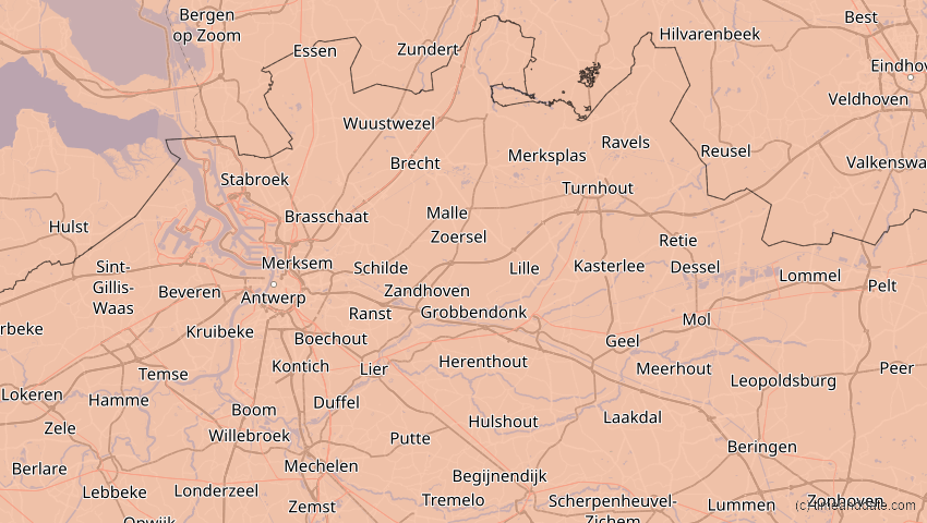 A map of Antwerpen, Belgien, showing the path of the 12. Aug 2026 Totale Sonnenfinsternis
