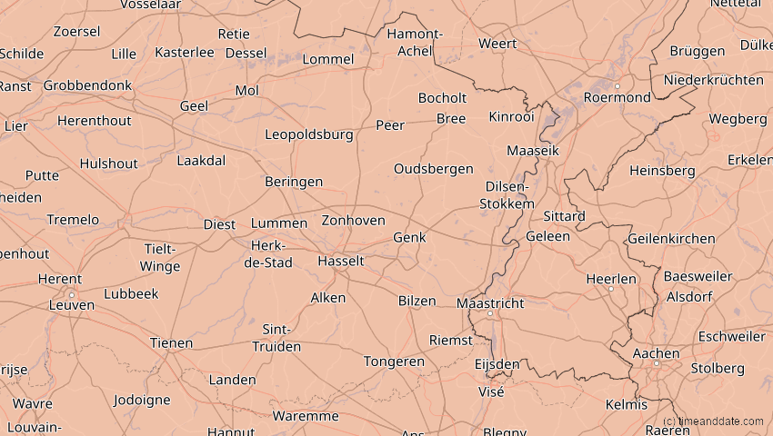 A map of Limburg, Belgium, showing the path of the Aug 12, 2026 Total Solar Eclipse