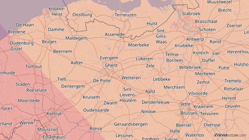 A map of Ostflandern, Belgien, showing the path of the 12. Aug 2026 Totale Sonnenfinsternis