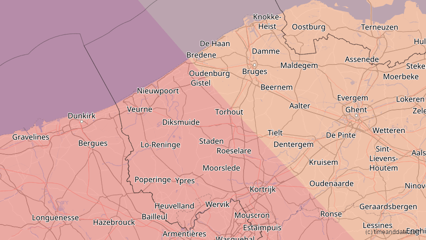 A map of West Flanders, Belgium, showing the path of the Aug 12, 2026 Total Solar Eclipse