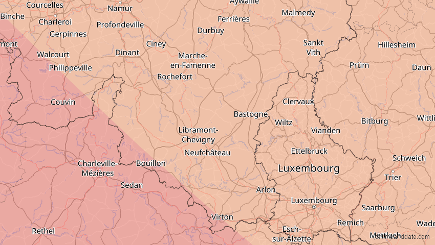 A map of Luxembourg, Belgium, showing the path of the Aug 12, 2026 Total Solar Eclipse