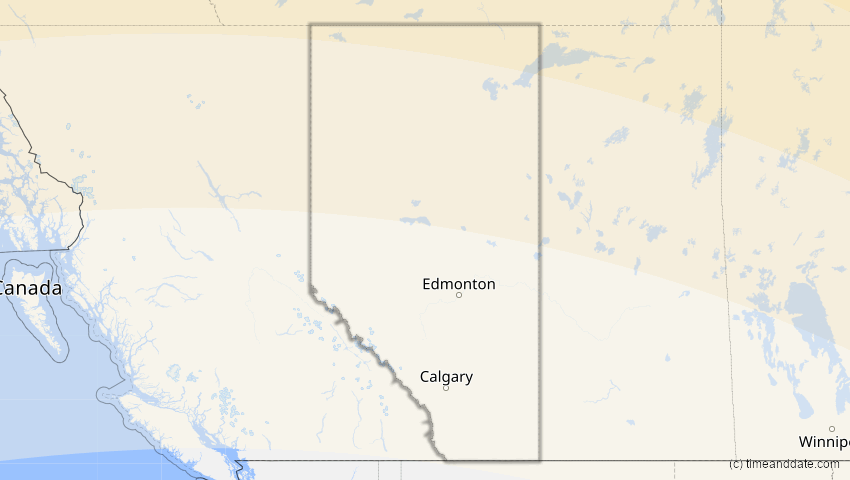 A map of Alberta, Canada, showing the path of the Aug 12, 2026 Total Solar Eclipse