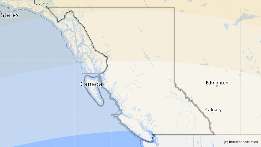 A map of British Columbia, Kanada, showing the path of the 12. Aug 2026 Totale Sonnenfinsternis