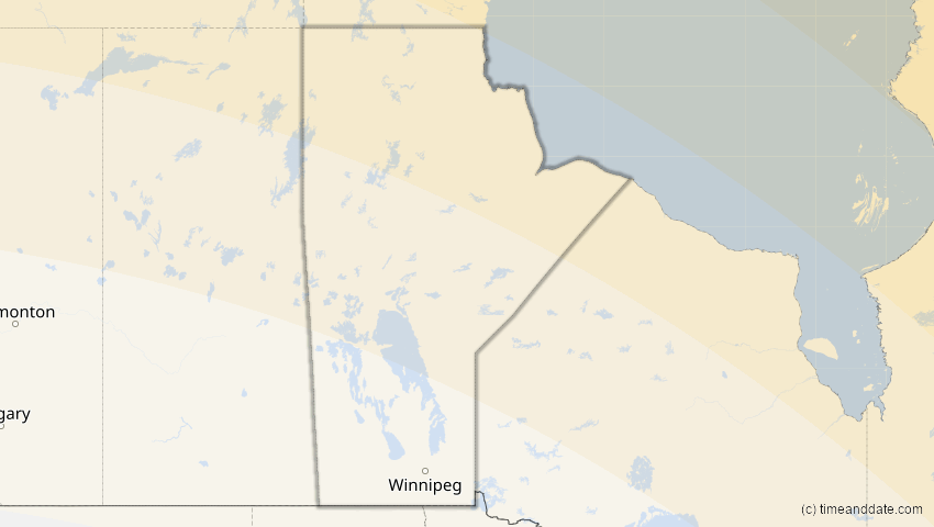 A map of Manitoba, Canada, showing the path of the Aug 12, 2026 Total Solar Eclipse