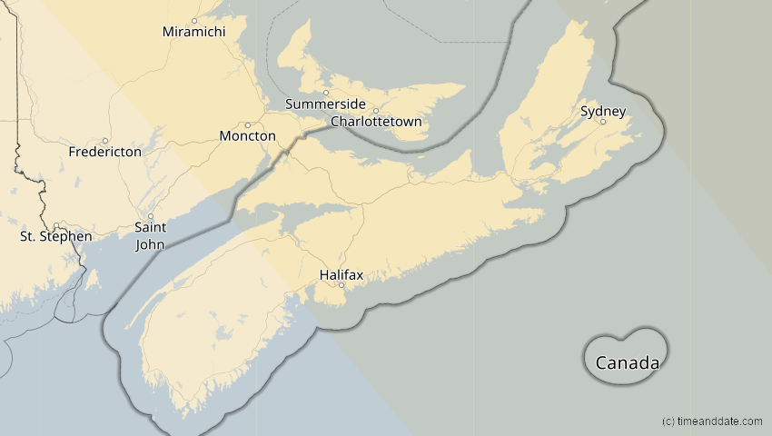 A map of Nova Scotia, Canada, showing the path of the Aug 12, 2026 Total Solar Eclipse