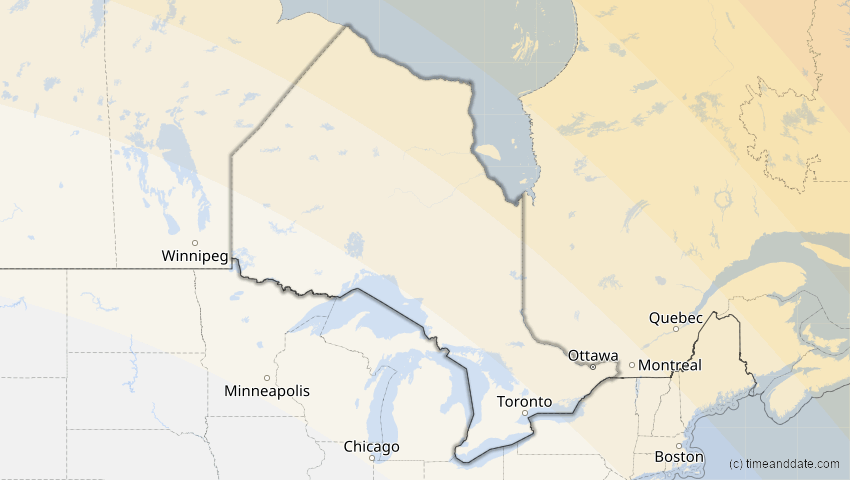 A map of Ontario, Canada, showing the path of the Aug 12, 2026 Total Solar Eclipse