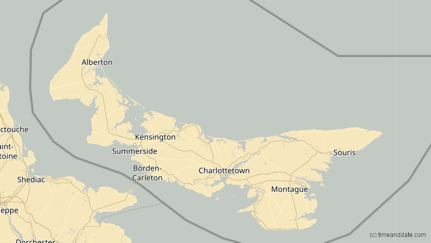 A map of Prince Edward Island, Kanada, showing the path of the 12. Aug 2026 Totale Sonnenfinsternis