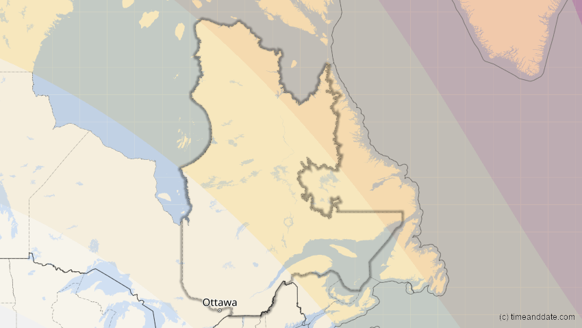 A map of Quebec, Canada, showing the path of the Aug 12, 2026 Total Solar Eclipse
