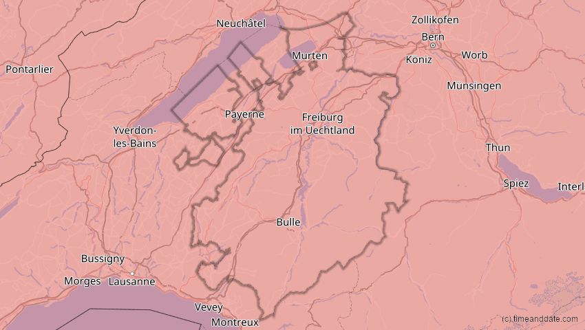 A map of Fribourg, Switzerland, showing the path of the Aug 12, 2026 Total Solar Eclipse