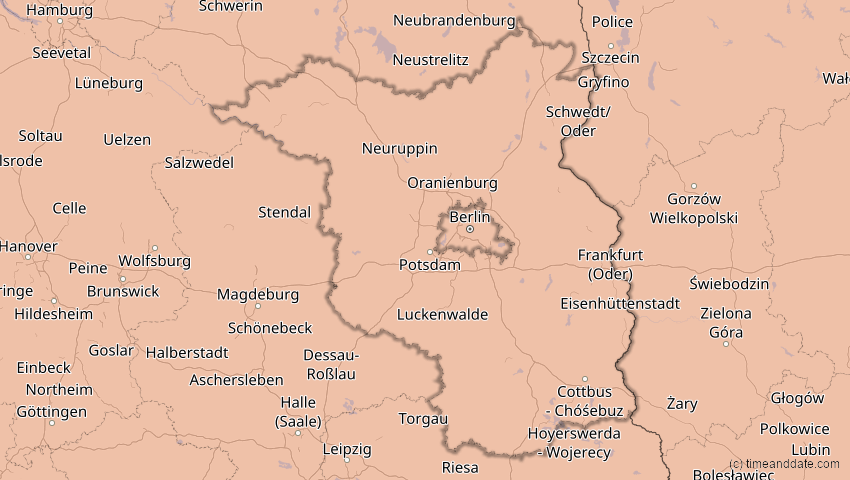A map of Brandenburg, Germany, showing the path of the Aug 12, 2026 Total Solar Eclipse