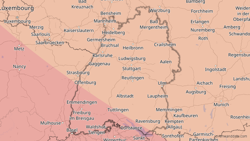 A map of Baden-Württemberg, Germany, showing the path of the Aug 12, 2026 Total Solar Eclipse