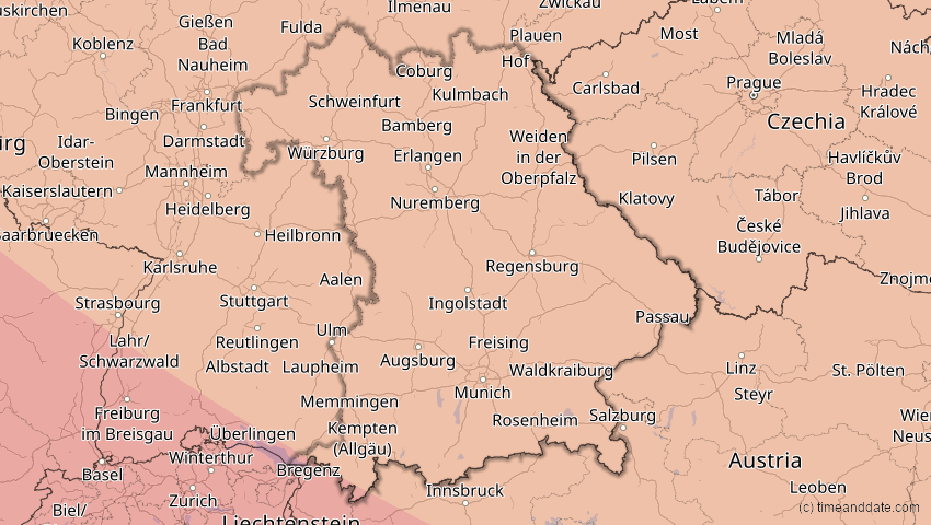 A map of Bayern, Deutschland, showing the path of the 12. Aug 2026 Totale Sonnenfinsternis