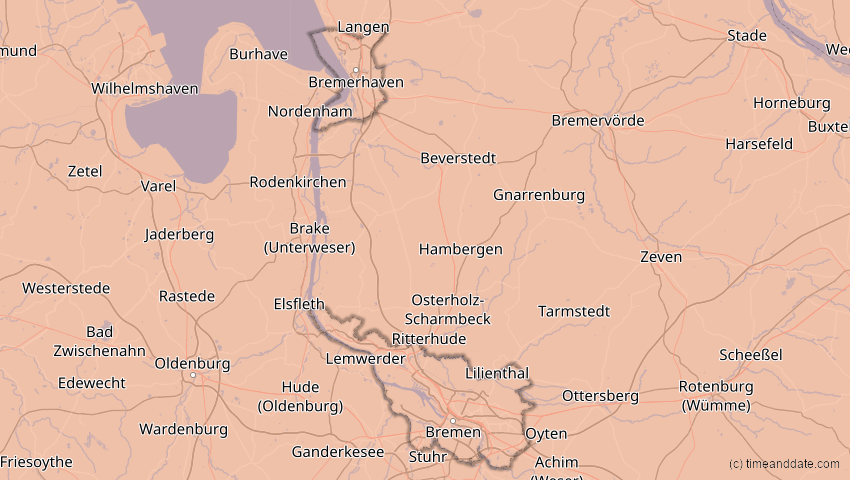 A map of Bremen, Deutschland, showing the path of the 12. Aug 2026 Totale Sonnenfinsternis