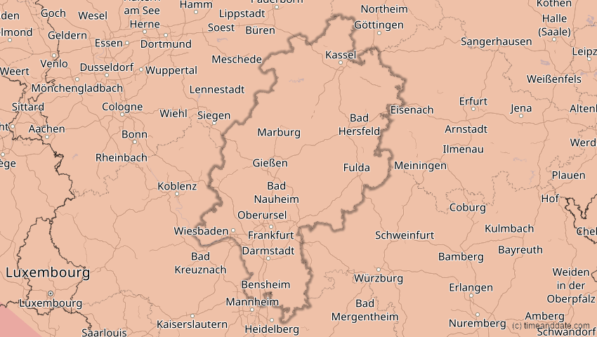 A map of Hessen, Deutschland, showing the path of the 12. Aug 2026 Totale Sonnenfinsternis