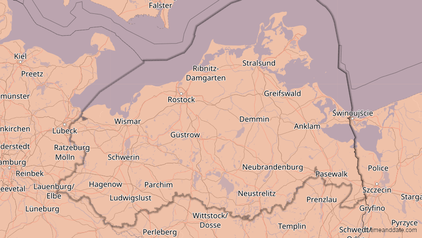 A map of Mecklenburg-Western Pomerania, Germany, showing the path of the Aug 12, 2026 Total Solar Eclipse