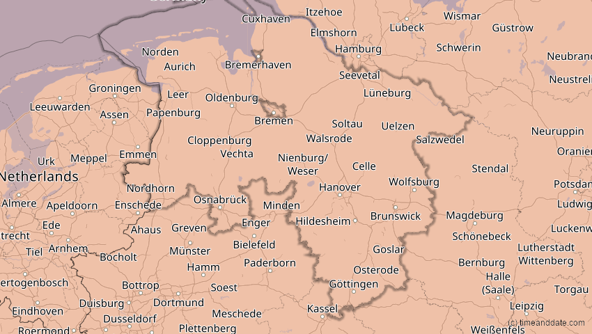 A map of Niedersachsen, Deutschland, showing the path of the 12. Aug 2026 Totale Sonnenfinsternis