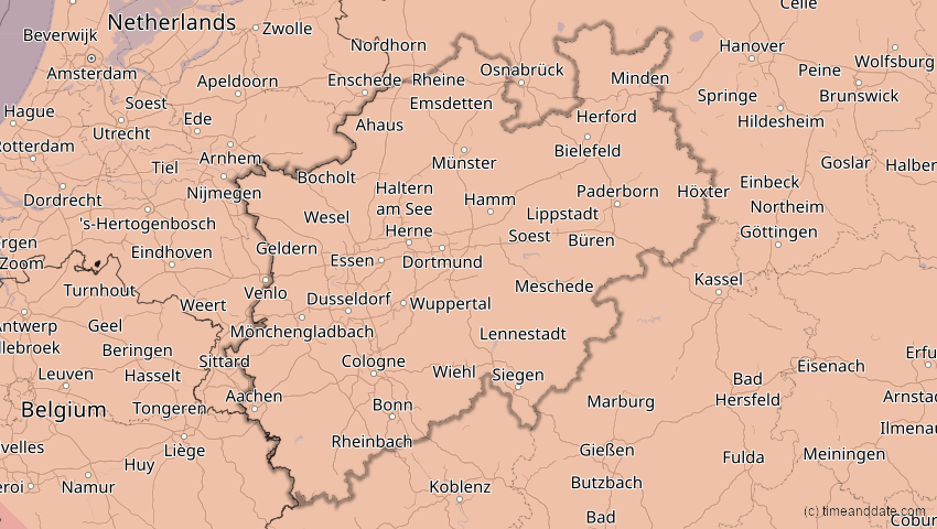 A map of North Rhine-Westphalia, Germany, showing the path of the Aug 12, 2026 Total Solar Eclipse