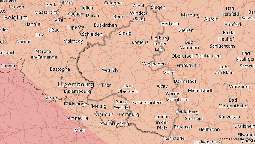 A map of Rheinland-Pfalz, Deutschland, showing the path of the 12. Aug 2026 Totale Sonnenfinsternis
