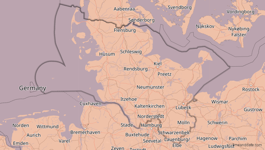 A map of Schleswig-Holstein, Germany, showing the path of the Aug 12, 2026 Total Solar Eclipse