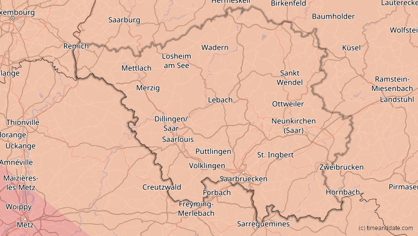 A map of Saarland, Germany, showing the path of the Aug 12, 2026 Total Solar Eclipse