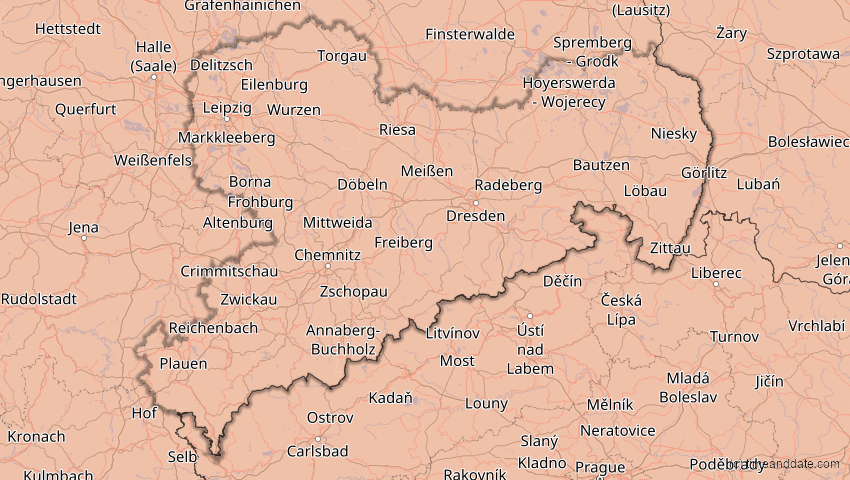 A map of Saxony, Germany, showing the path of the Aug 12, 2026 Total Solar Eclipse