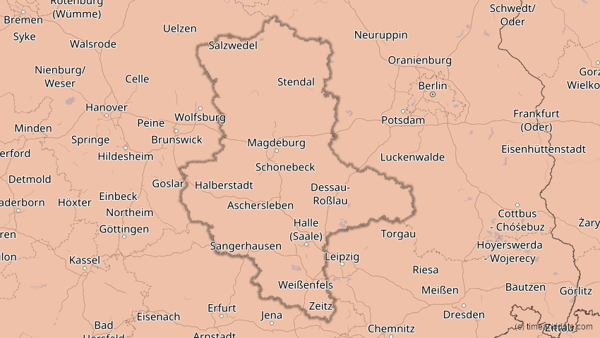 A map of Saxony-Anhalt, Germany, showing the path of the Aug 12, 2026 Total Solar Eclipse