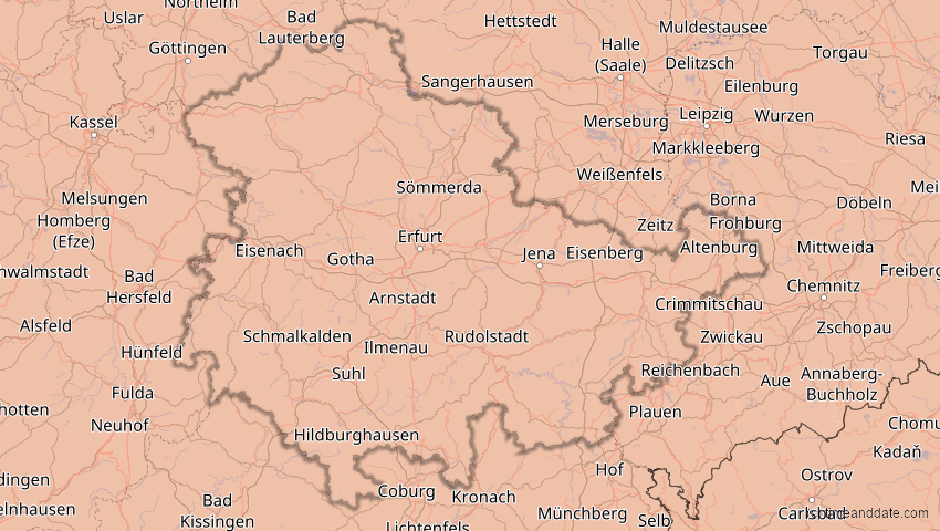 A map of Thüringen, Deutschland, showing the path of the 12. Aug 2026 Totale Sonnenfinsternis