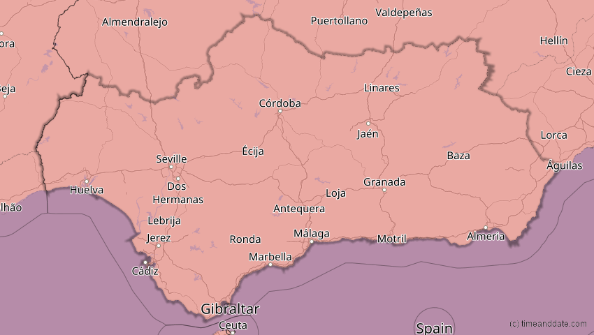 A map of Andalusia, Spain, showing the path of the Aug 12, 2026 Total Solar Eclipse