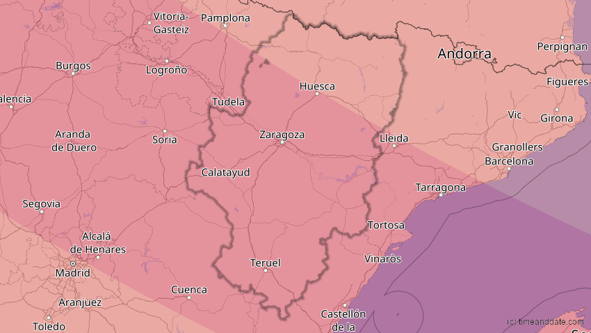 A map of Aragon, Spain, showing the path of the Aug 12, 2026 Total Solar Eclipse