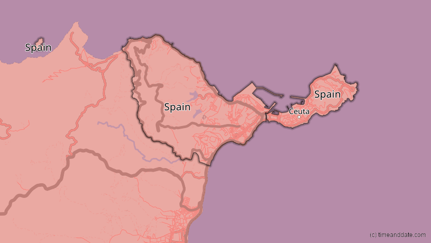 A map of Ceuta, Spanien, showing the path of the 12. Aug 2026 Totale Sonnenfinsternis