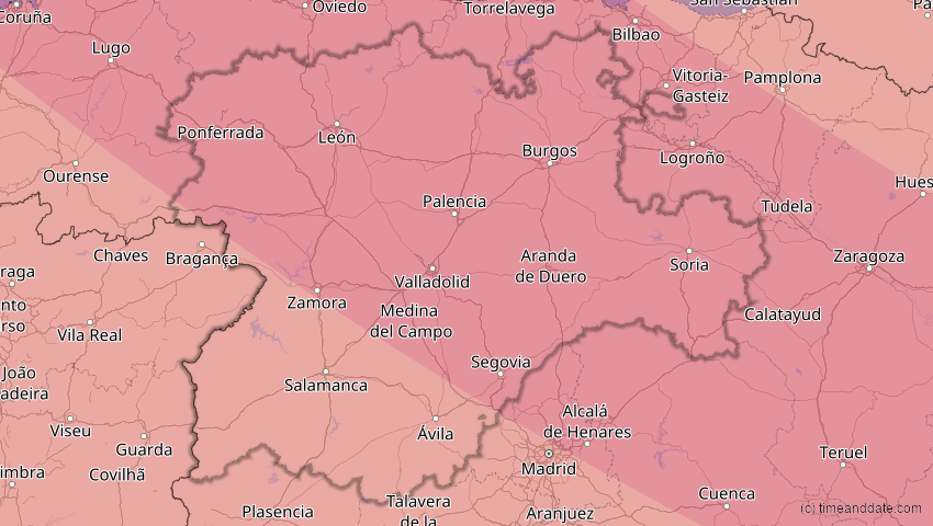 A map of Castile-Leon, Spain, showing the path of the 2026年8月12日 (水) Total Solar Eclipse