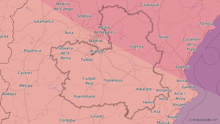 A map of Kastilien-La Mancha, Spanien, showing the path of the 12. Aug 2026 Totale Sonnenfinsternis
