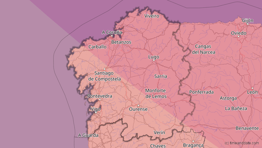 A map of Galicia, Spain, showing the path of the Aug 12, 2026 Total Solar Eclipse