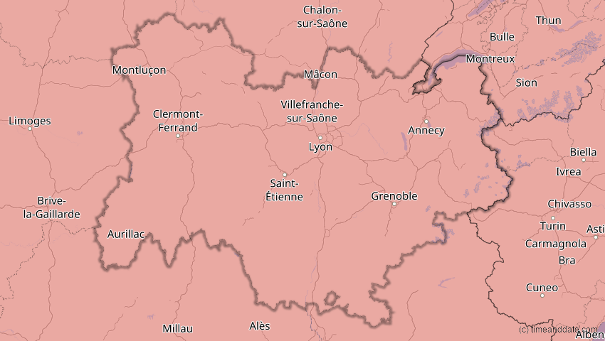 A map of Auvergne-Rhône-Alpes, France, showing the path of the Aug 12, 2026 Total Solar Eclipse