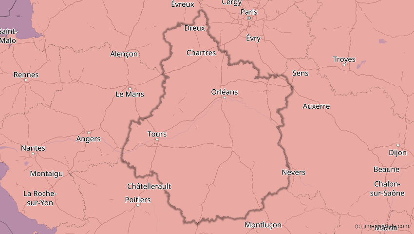A map of Centre-Val de Loire, Frankreich, showing the path of the 12. Aug 2026 Totale Sonnenfinsternis