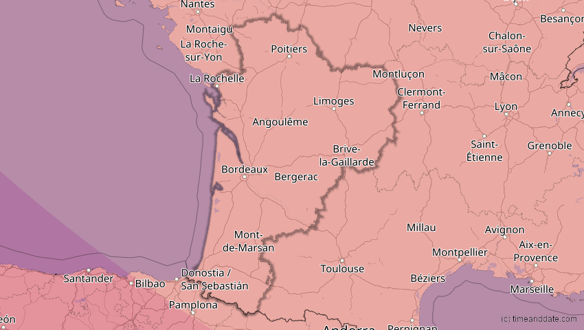A map of Nouvelle-Aquitaine, Frankreich, showing the path of the 12. Aug 2026 Totale Sonnenfinsternis