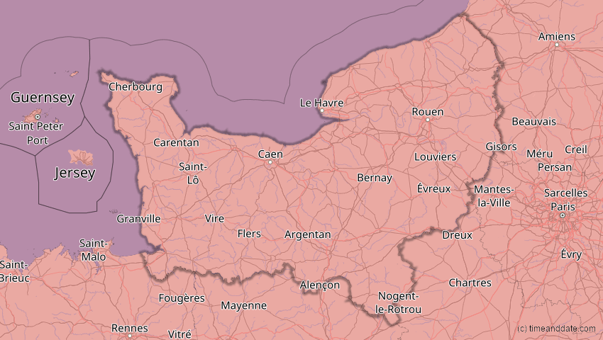 A map of Normandie, Frankreich, showing the path of the 12. Aug 2026 Totale Sonnenfinsternis