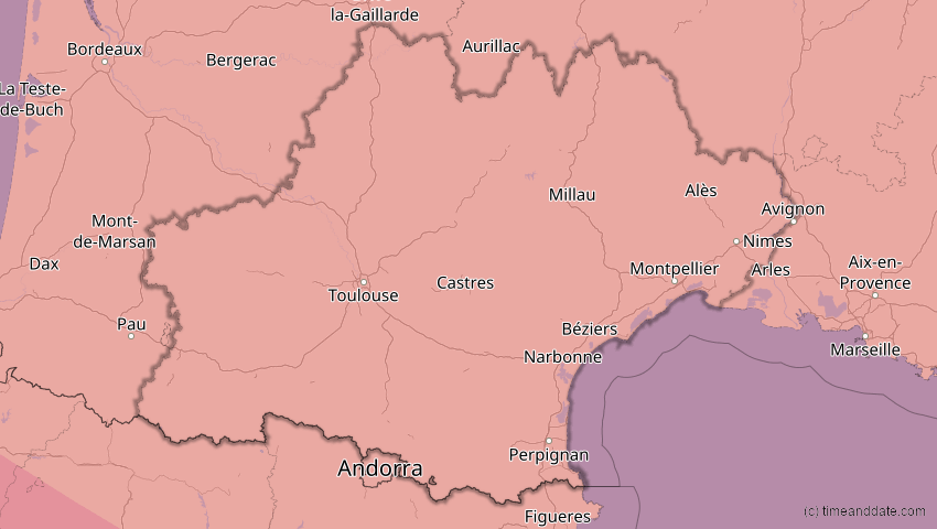 A map of Occitanie, France, showing the path of the Aug 12, 2026 Total Solar Eclipse