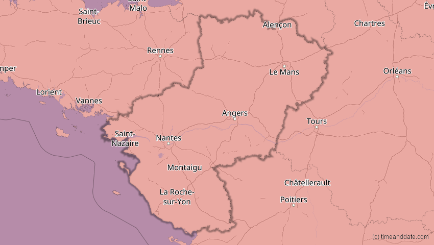 A map of Pays-de-la-Loire, France, showing the path of the Aug 12, 2026 Total Solar Eclipse