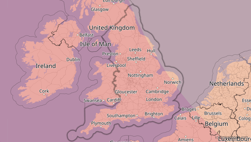 A map of England, Großbritannien, showing the path of the 12. Aug 2026 Totale Sonnenfinsternis