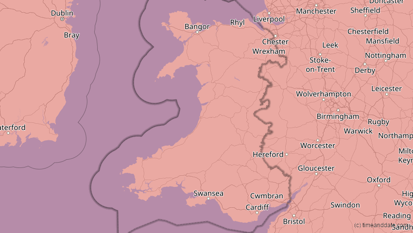 A map of Wales, United Kingdom, showing the path of the Aug 12, 2026 Total Solar Eclipse